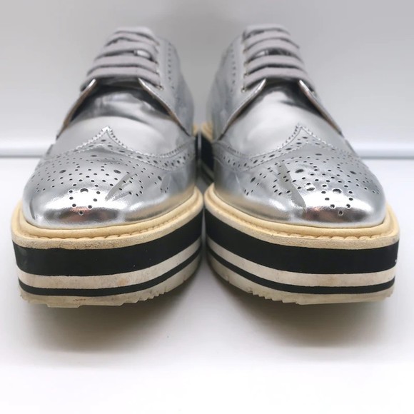 Prada Platform Wingtip Brogues Silver Metallic Leather Size 41 - Picture 5 of 12
